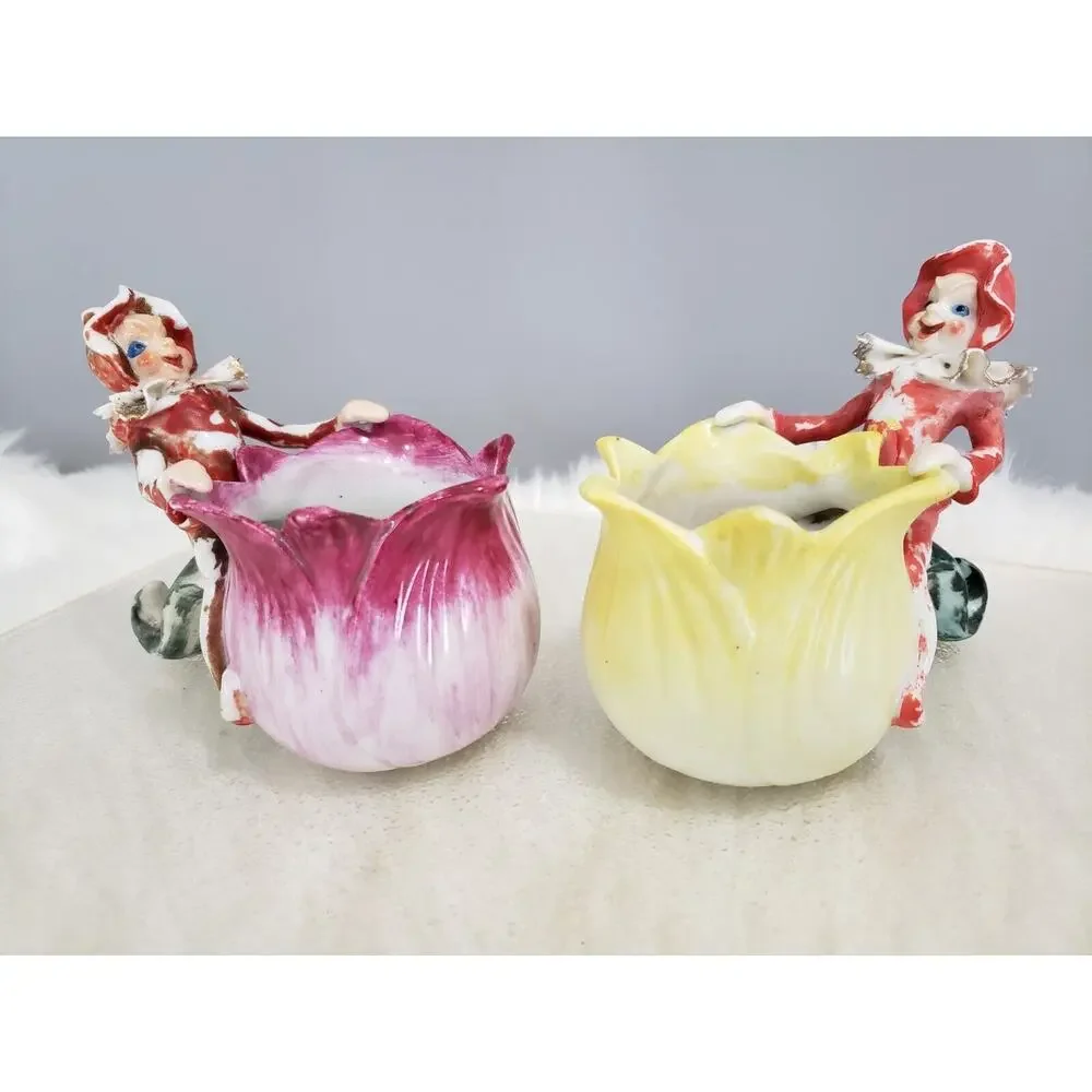 RARE 3 VINTAGE PIXIE ELF VASE PLANTER FIGURINES OCCUPIED JAPAN KITSCHY‎ MCM PINK